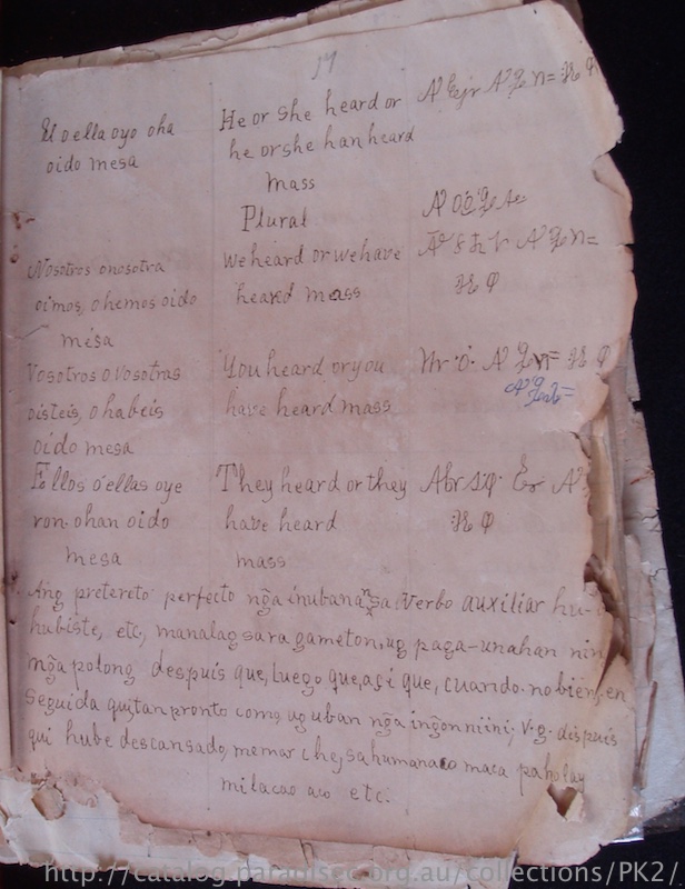 Note grammatical explanations of Spanish in Visayan, evidence of the earlier Visayan–Spanish text from which two later texts were derived.